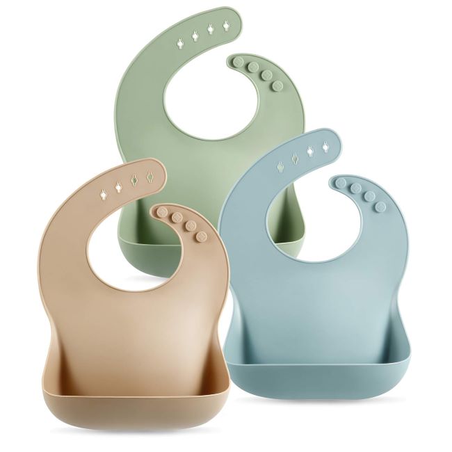 PandaEar 3-pack silicone baby bibs in brown, blue, and green – soft, waterproof, and unisex.