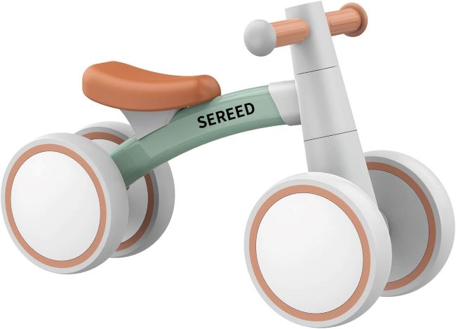 SEREED 4-wheel toddler balance bike for 12-24 months, ideal for first birthday gift.