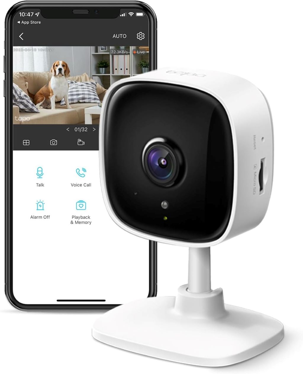 TP-Link Tapo C100 indoor security camera with 1080P HD, night vision, and two-way audio for baby and pet monitoring.