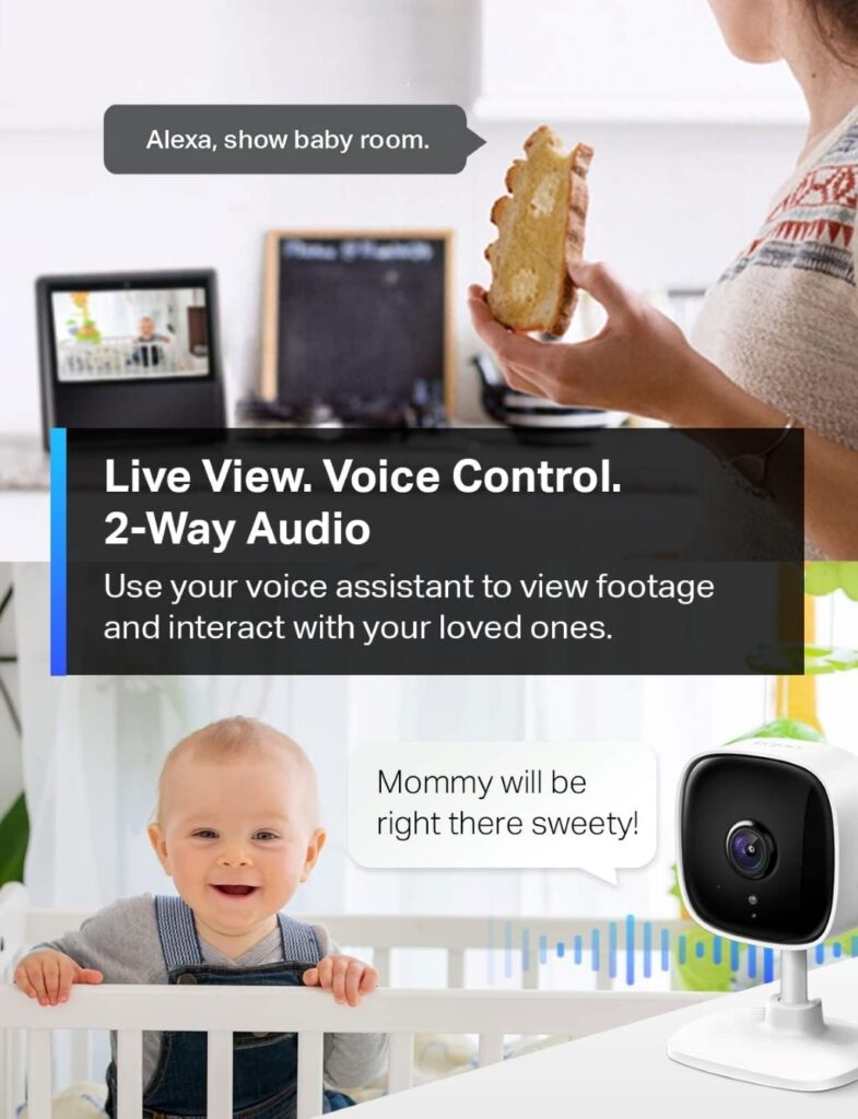Smart TP-Link Tapo C100 camera mounted indoors, featuring motion detection and cloud/SD storage.