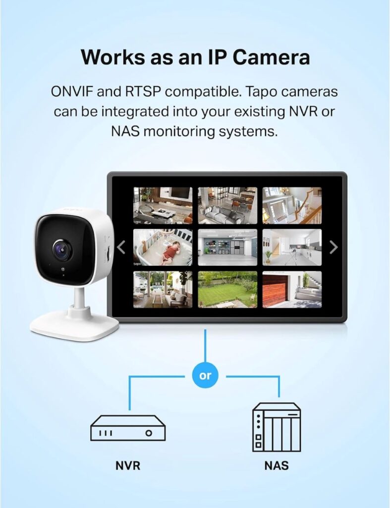 TP-Link Tapo C100 camera in a living room monitoring baby and pets, compatible with Alexa and Google Home.