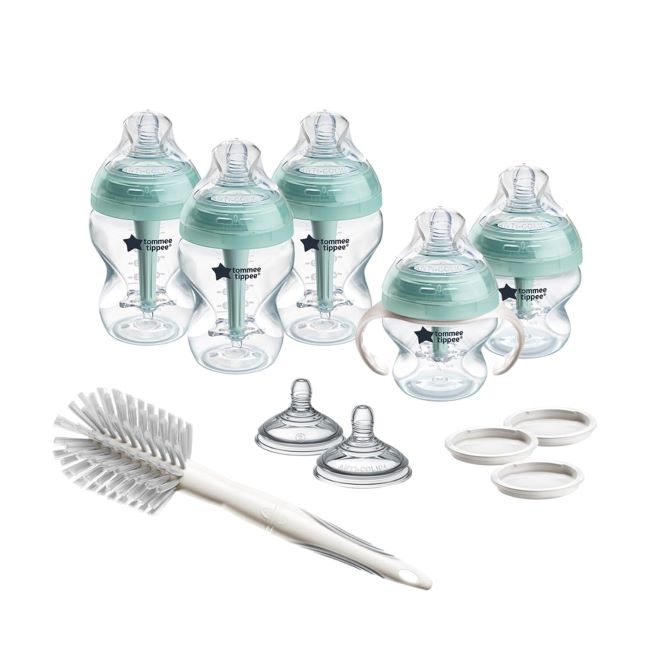 Tommee Tippee 12-piece anti-colic baby bottle set with slow and medium-flow nipples.