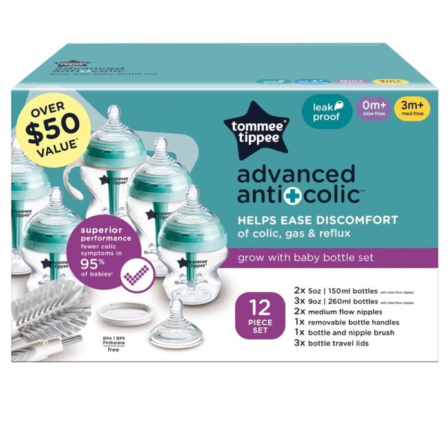 BPA-free Tommee Tippee bottles for newborns, includes handles and cleaning brush.