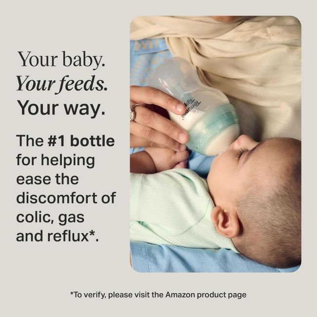 Newborn-ready Tommee Tippee anti-colic bottle set, 5oz and 9oz bottles included.