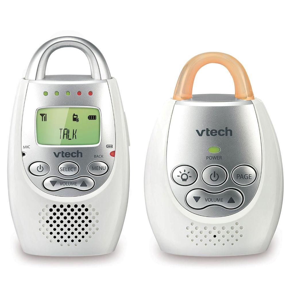 VTech DM221 baby monitor showing parent and baby units in white and silver.