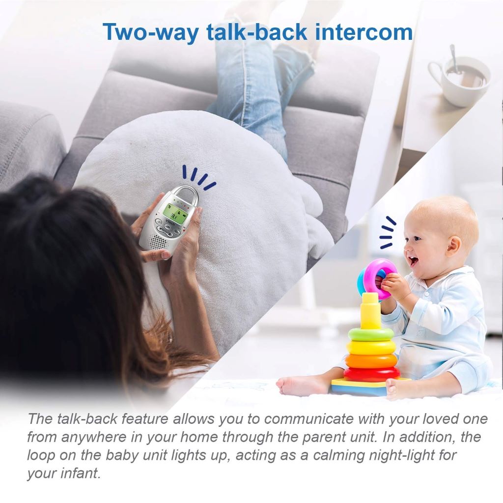 Close-up of VTech DM221 baby monitor with night light and talk-back feature.