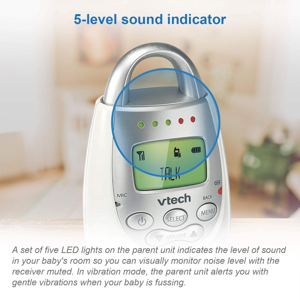 VTech DM221 audio baby monitor highlighting long-range and sound alerts.
