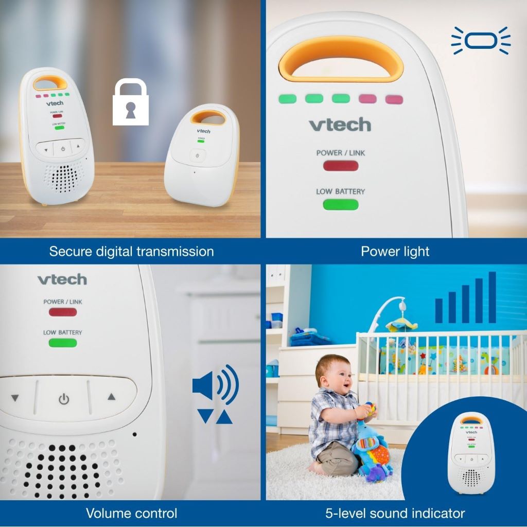 Close-up of VTech baby monitor featuring rechargeable battery and clear audio.