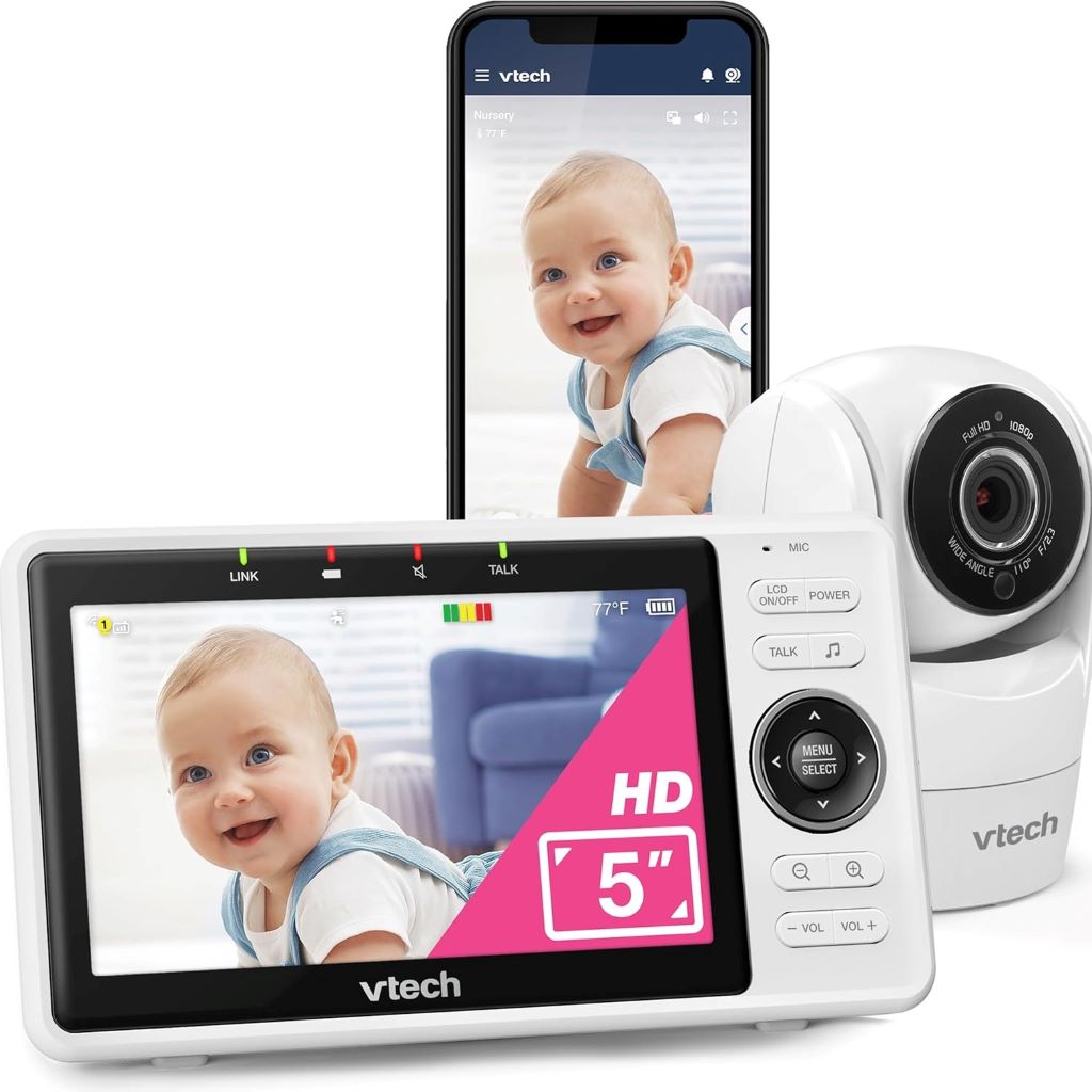 VTech VM901 baby monitor with 1080p HD camera and 5-inch display showing live feed.