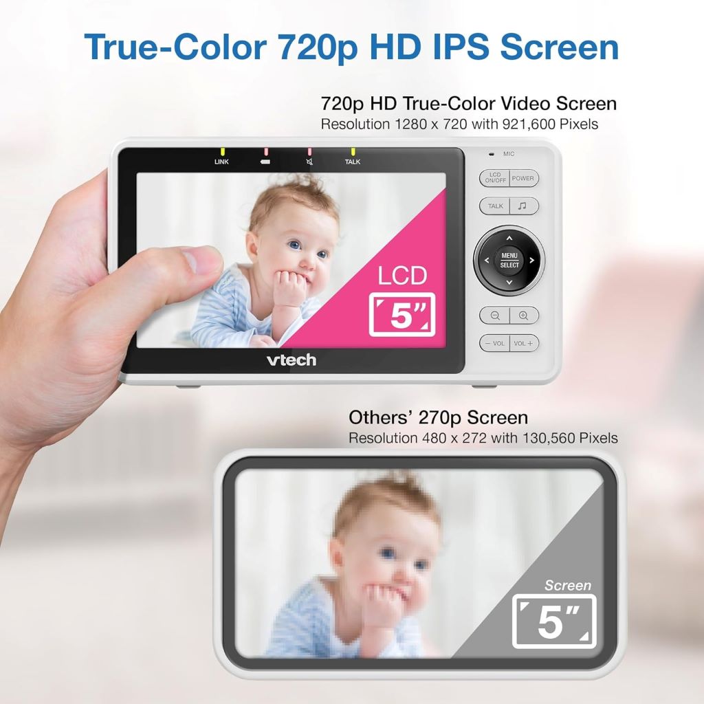 Smart VTech VM901 baby monitor with pan-tilt-zoom, motion detection, and HD display.