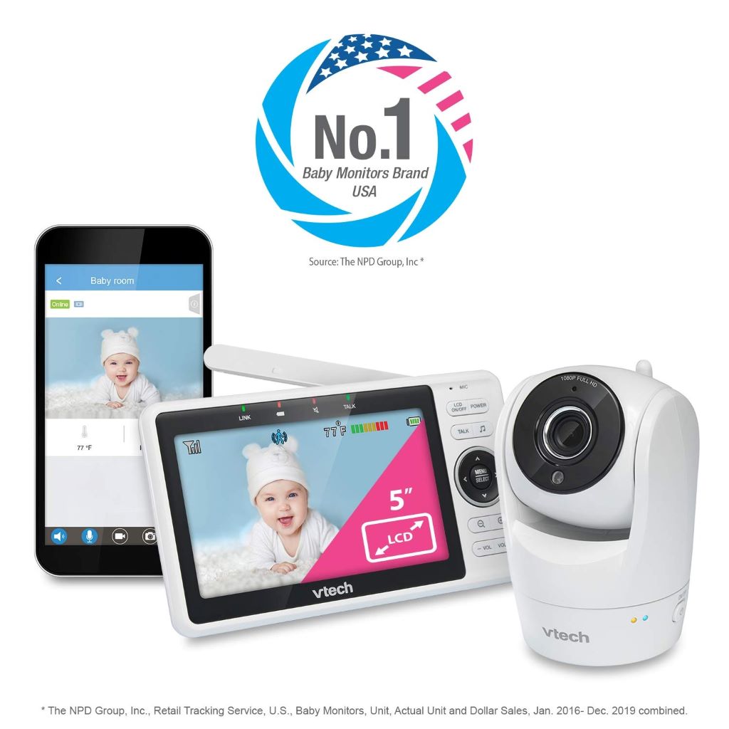 1080p FHD VTech VM901 baby monitor with remote camera control and real-time alerts.
