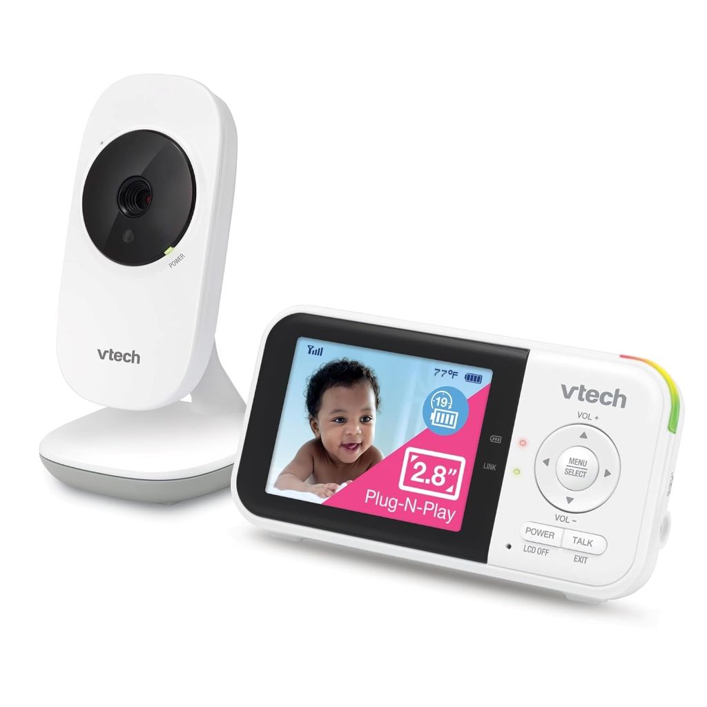 VTech VM819 baby monitor with 2.8-inch screen, camera, and audio for home monitoring.