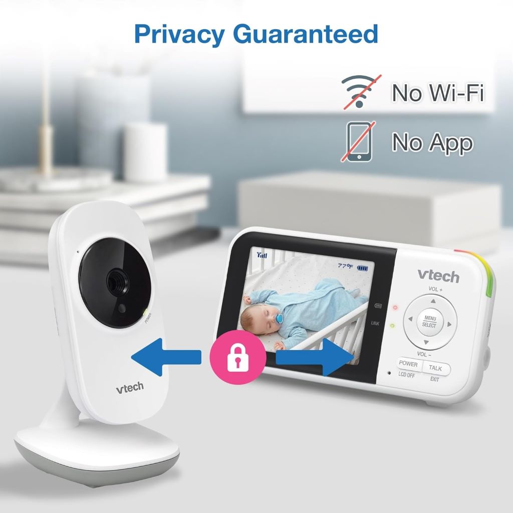 Portable VTech VM819 monitor showing night vision, 2-way audio, and temperature sensor.