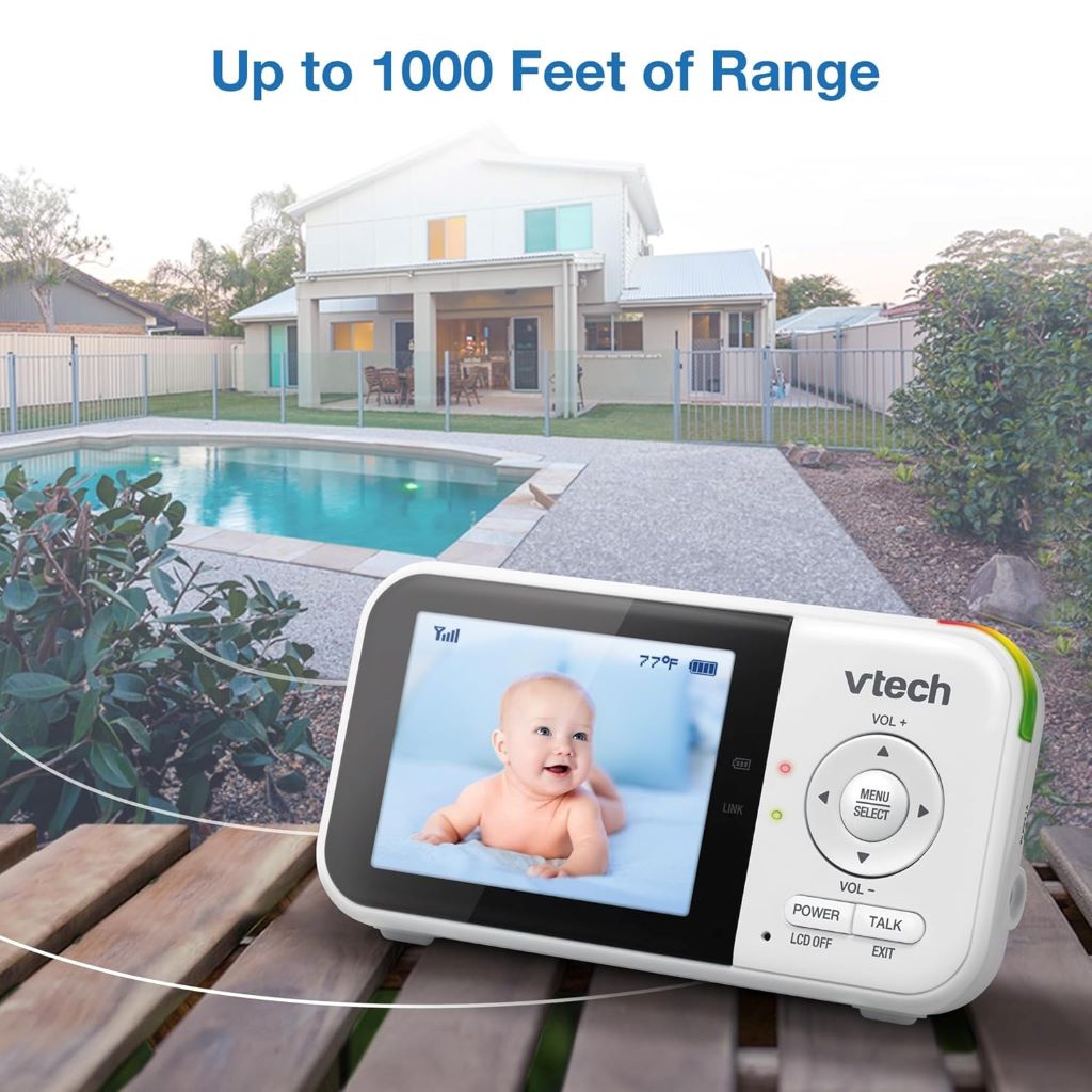 VTech VM819 baby monitor with secure transmission, lullabies, and multi-use for baby, pets, or elderly.
