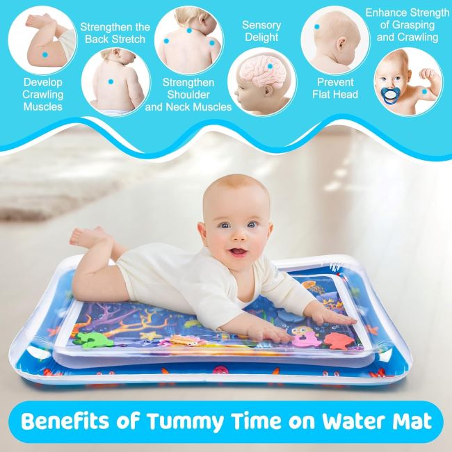 Infant enjoying colorful inflatable tummy time water play mat for babies 3–12 months.