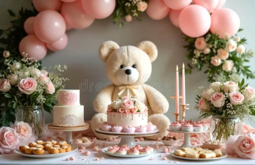 Adorable teddy bear theme baby shower with balloon garland and custom cookies on dessert table