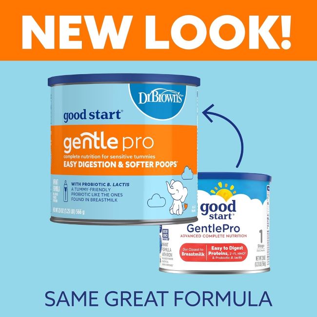 Infant formula powder designed for easy digestion and softer stools, non-GMO.