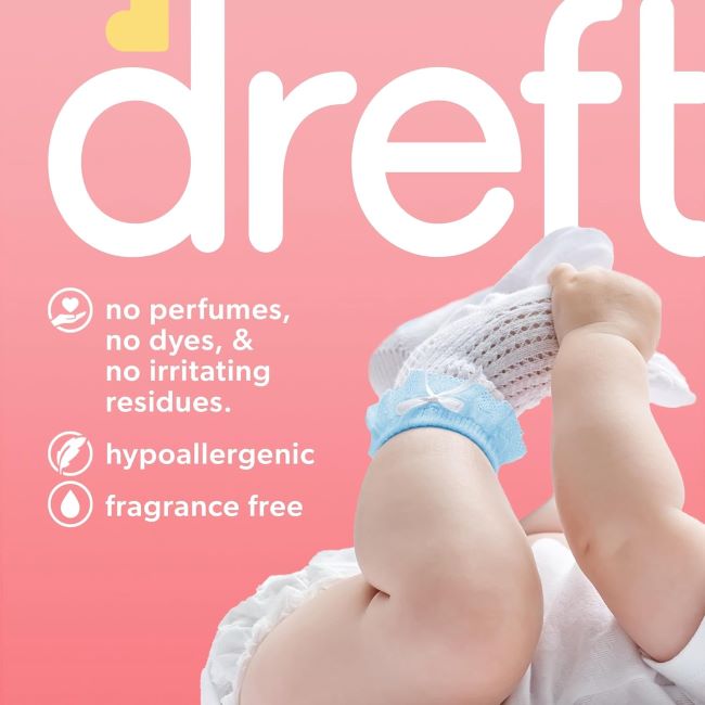 64-load Dreft Free & Gentle detergent, safe for babies and families, free of perfumes and dyes.