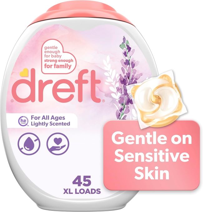 Dreft Lavender Laundry Detergent Pacs XL 45-count for gentle baby and family clothes washing.
