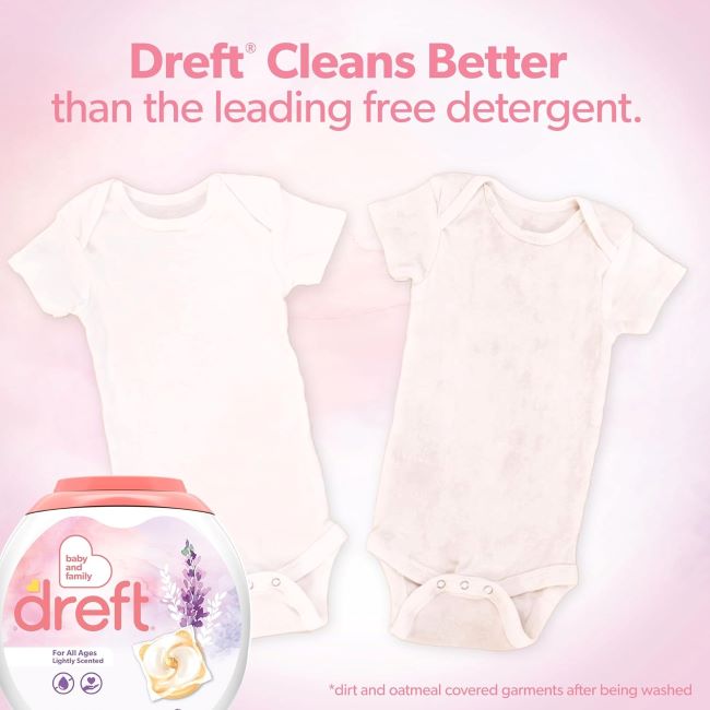 Gentle Dreft Laundry Pacs 45-count lavender for soft, safe cleaning of baby and family garments.
