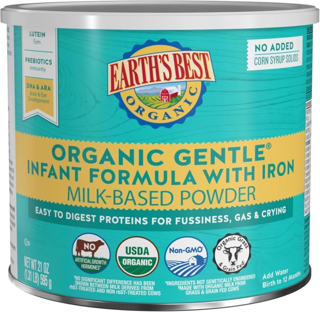 Earth’s Best Organic Gentle Infant Formula container for babies 0–12 months