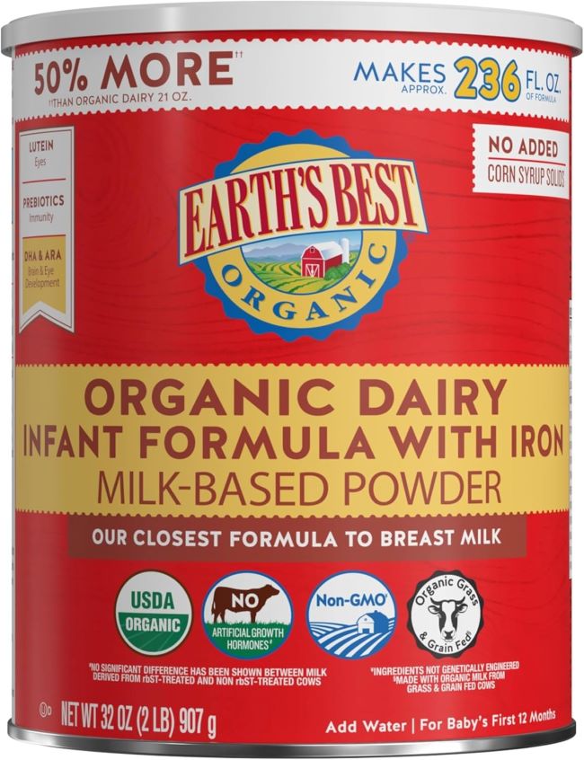 Earth’s Best Organic Baby Formula 32oz for infants 0-12 months with DHA, ARA, and iron