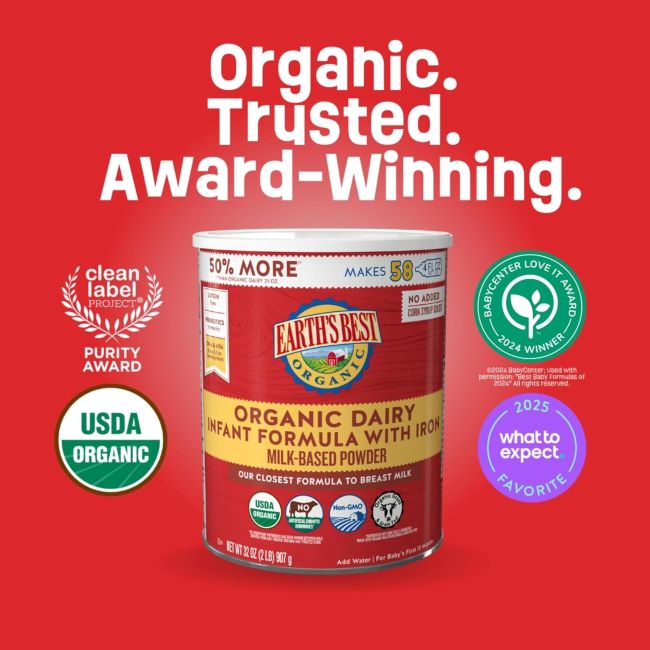 Powdered infant formula by Earth’s Best, organic nutrition for babies 0-12 months