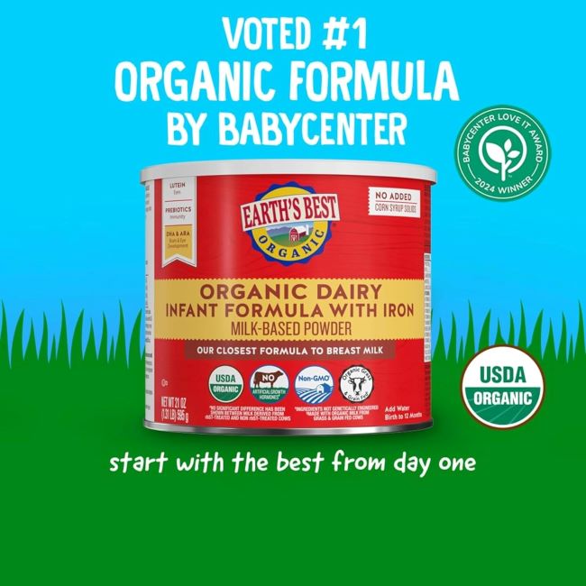 32oz container of Earth’s Best Organic Baby Formula with essential nutrients for infants