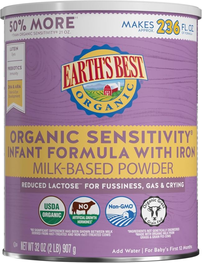 Earth’s Best Organic Sensitivity Infant Formula container with gentle nutrition label