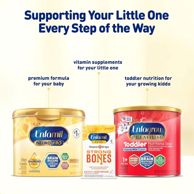 Close-up of Enfamil NeuroPro baby formula powder promoting brain development and immunity