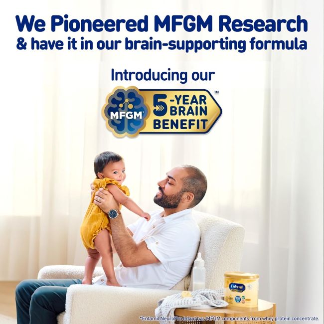 Enfamil NeuroPro baby milk formula packaging highlighting HuMO6 blend and DHA benefits