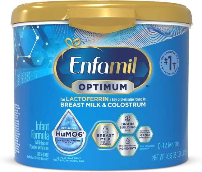 Enfamil Optimum (Enspire) baby formula tub featuring immune and brain support benefits