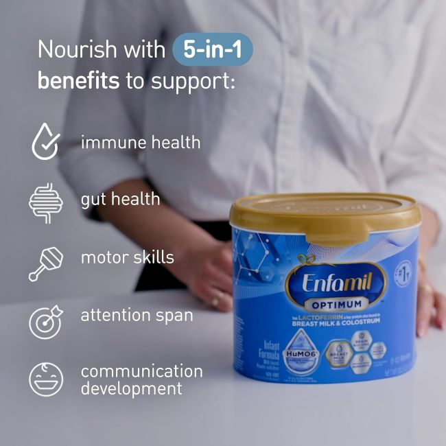 20.5 oz Enfamil Optimum (Enspire) baby formula packaging highlighting immune and brain nutrients