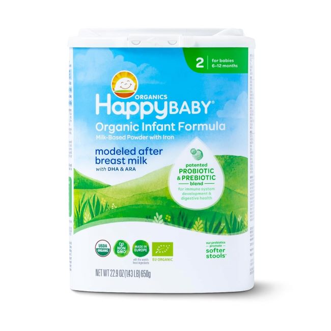 Happy Baby Organics Stage 2 Infant Formula container with label showing organic ingredients and nutritional details