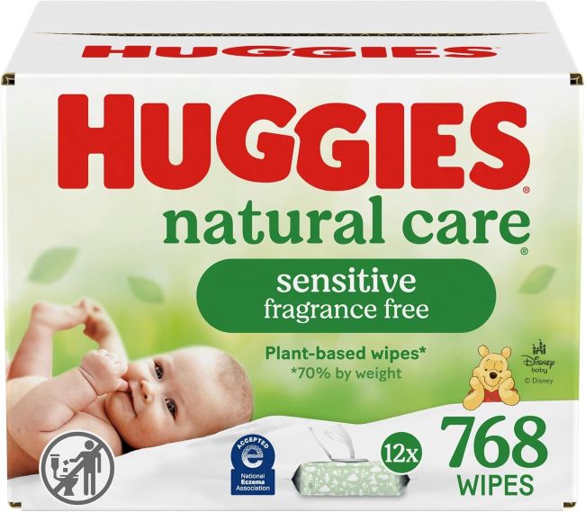 Pack of Huggies Natural Care Sensitive Baby Wipes with flip-top lid.
