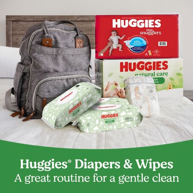 Huggies Natural Care wipes, 99% purified water, gentle for baby’s skin.