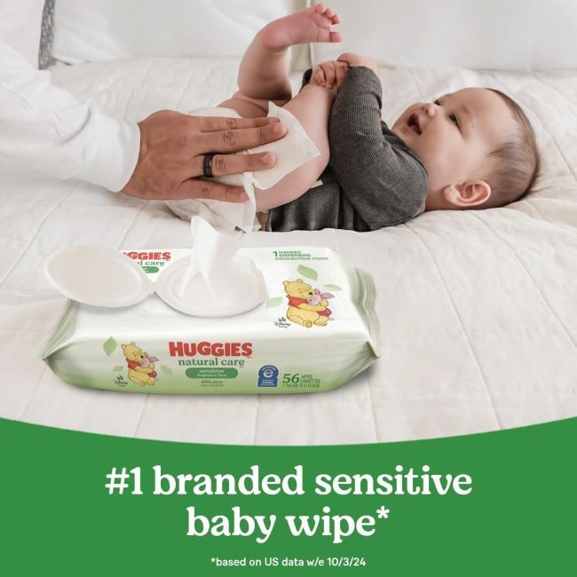 Close-up of unscented, hypoallergenic Huggies baby wipes.