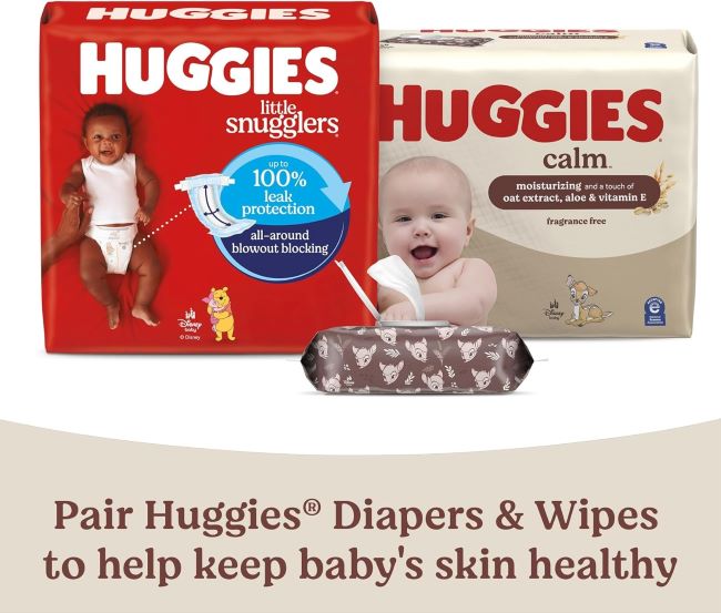 Close-up of Huggies Calm Baby Wipes showing unscented and gentle formula packaging
