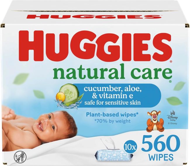 Huggies Natural Care Baby Wipes with cucumber, aloe, and vitamin E in flip-top packs