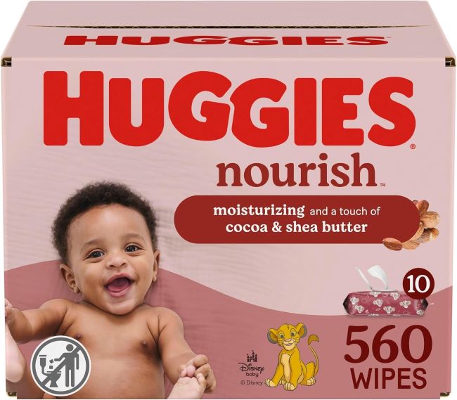 Huggies Nourish Scented Baby Wipes pack with push-button lid and soft wipes displayed.