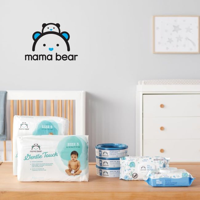 Gentle and hypoallergenic Mama Bear baby wipes, fragrance-free, ideal for daily use.