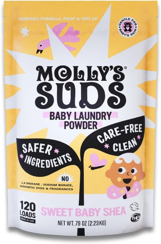 Molly's Suds Baby Laundry Detergent, extra gentle, removes formula, spit-up, and poop stains.