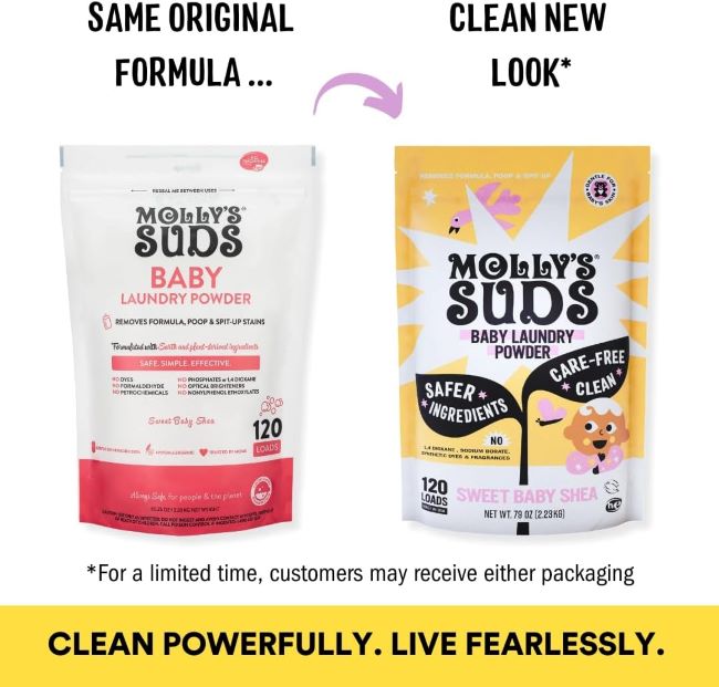 Box of Molly's Suds Baby Detergent Powder, safe for newborn clothes, Sweet Baby Shea scent.