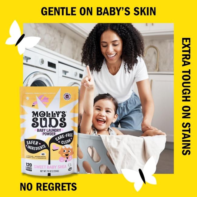 Gentle baby laundry detergent by Molly's Suds, tough on stains, ideal for newborns.