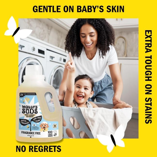Eco-friendly baby laundry detergent by Molly's Suds, gentle on skin, removes tough stains naturally