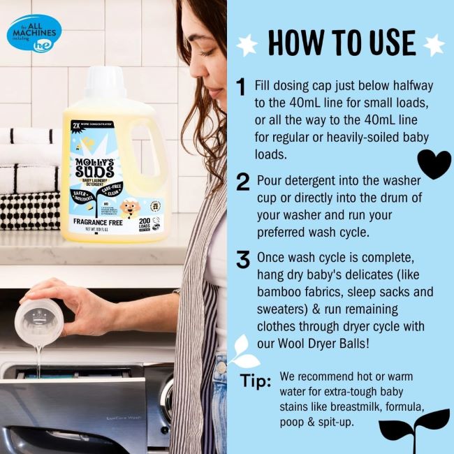 Natural baby-safe liquid laundry detergent, effective stain remover, ideal for sensitive baby clothes