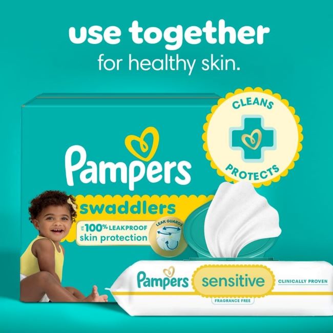 Close-up of Pampers water-based baby wipes for sensitive skin
