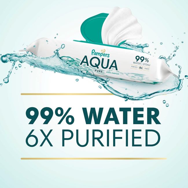 Hypoallergenic Pampers Aqua Pure wipes, ideal for sensitive baby skin, 12 flip-top packs