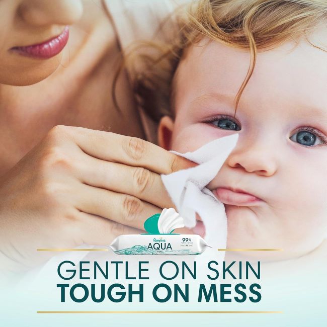 Close-up of Pampers Aqua Pure baby wipes, unscented and soft for daily baby use