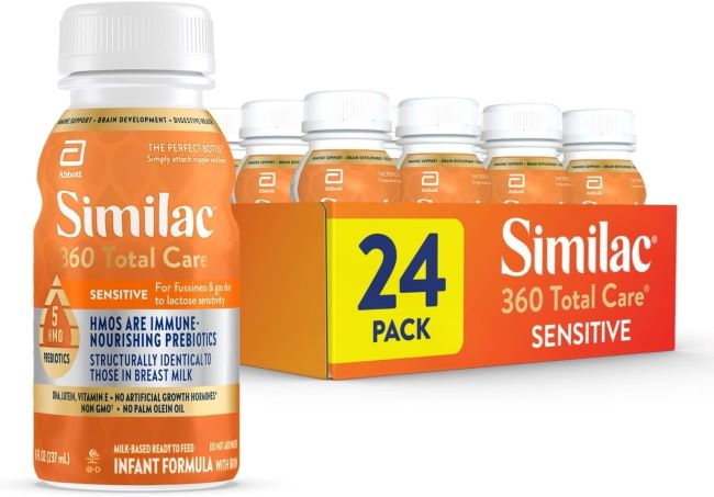 Similac 360 Total Care Sensitive infant formula bottle for lactose-sensitive babies with 5 HMO prebiotics.